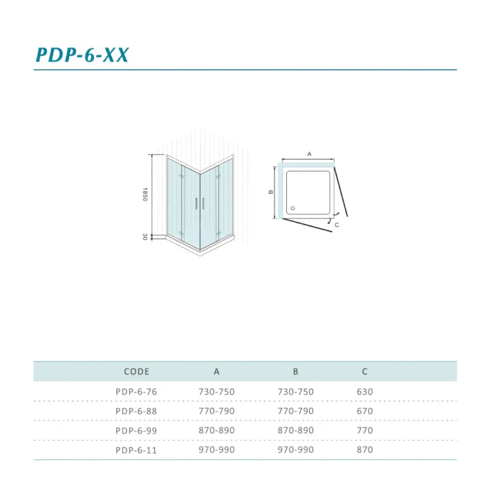 Mampara de ducha de cristal templado transparente de 6 mm con dos puertas pivotantes plegables, altura 195