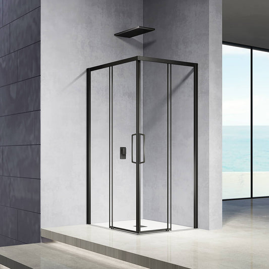 Mampara de ducha de esquina con puertas correderas de cristal antical de 6 mm. Altura: 185 cm