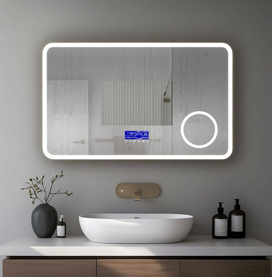 Espejo de baño con luz LED, zona de aumento x3 y reloj digital