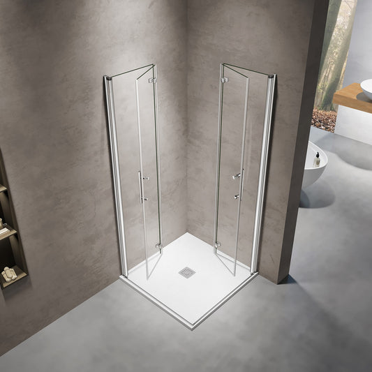 Mampara de ducha de esquina de cristal de 6 mm con dos puertas pivotantes plegables, 185 cm de altura
