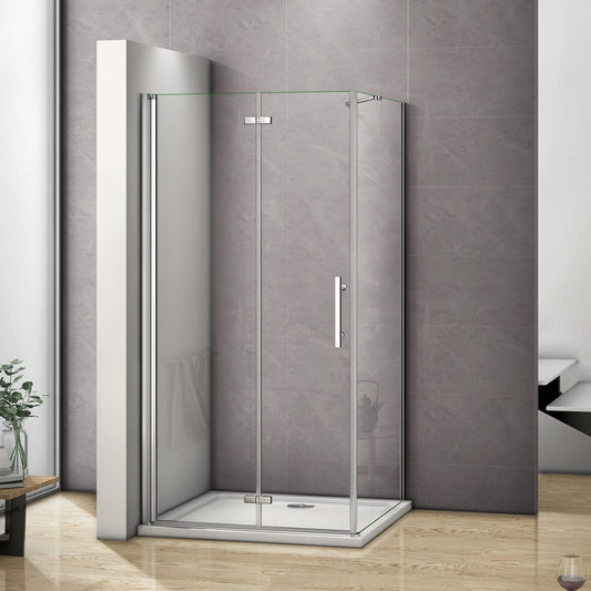 Mampara de ducha de cristal templado de 6 mm con revestimiento antical, puerta pivotante plegable y panel fijo, 195 cm de altura