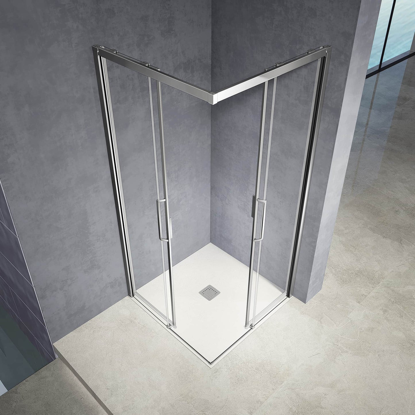 Mampara de ducha de esquina con puertas correderas de cristal antical de 6 mm. Altura: 185 cm