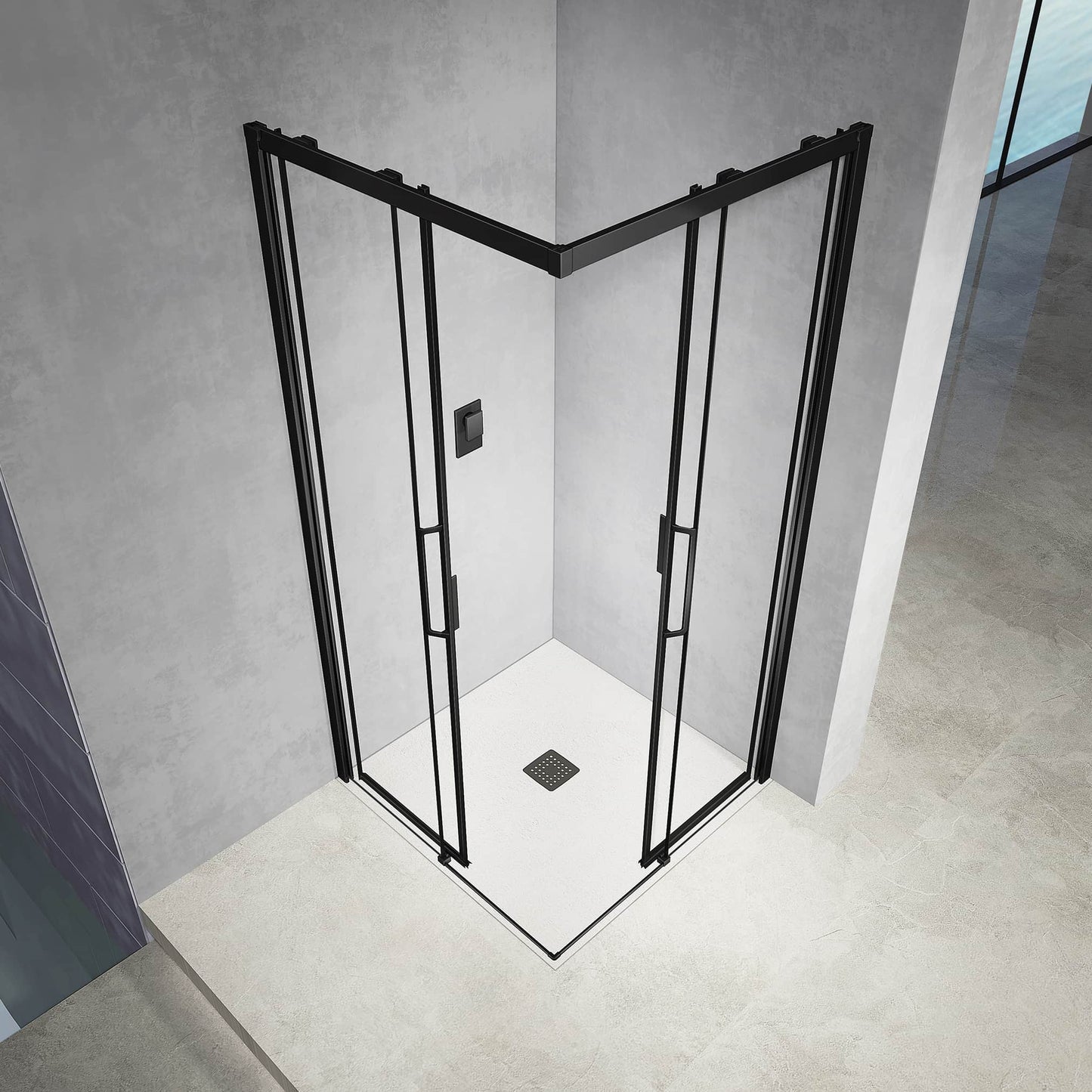 Mampara de ducha de esquina con puertas correderas de cristal antical de 6 mm. Altura: 185 cm