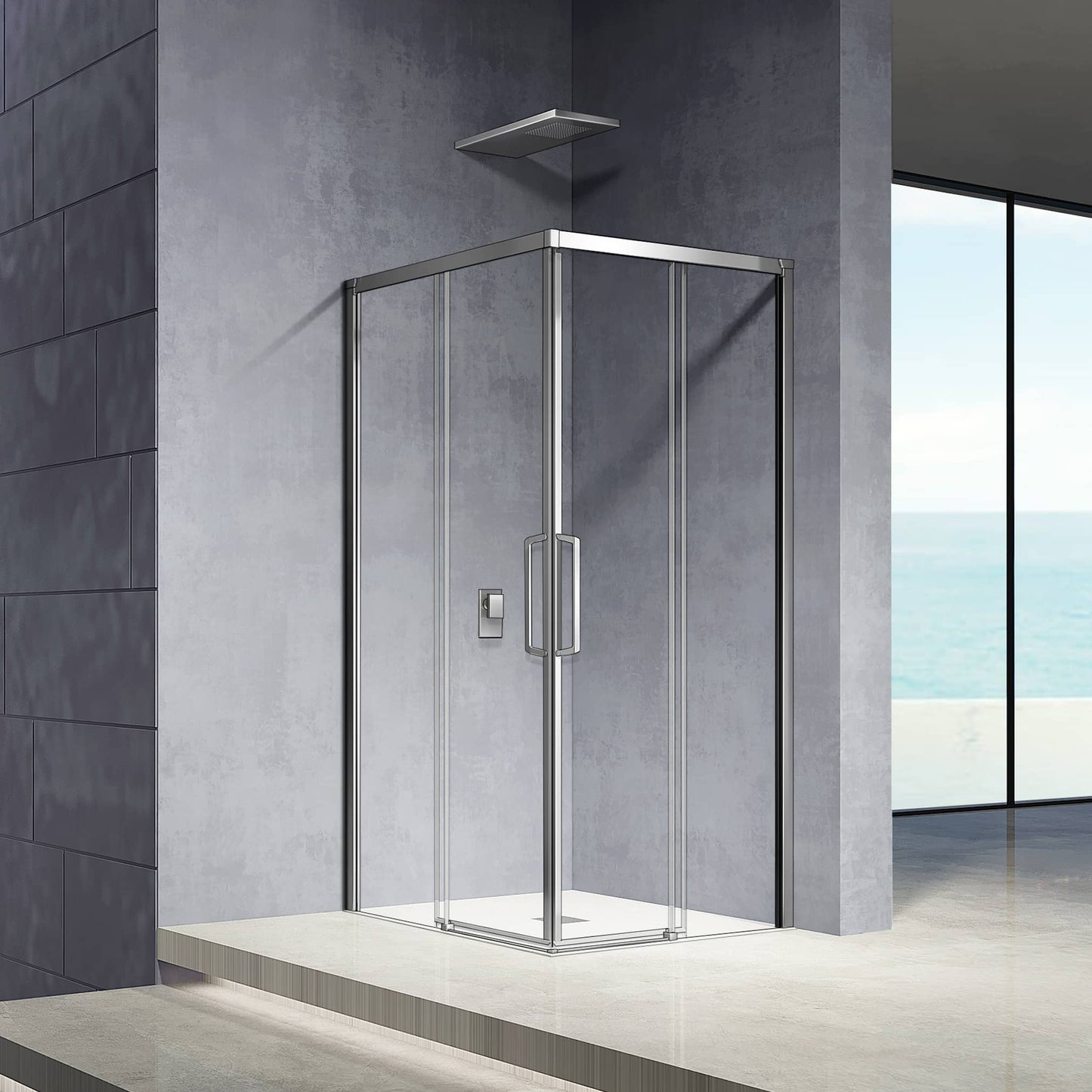 Mampara de ducha de esquina con puertas correderas de cristal antical de 6 mm. Altura: 185 cm