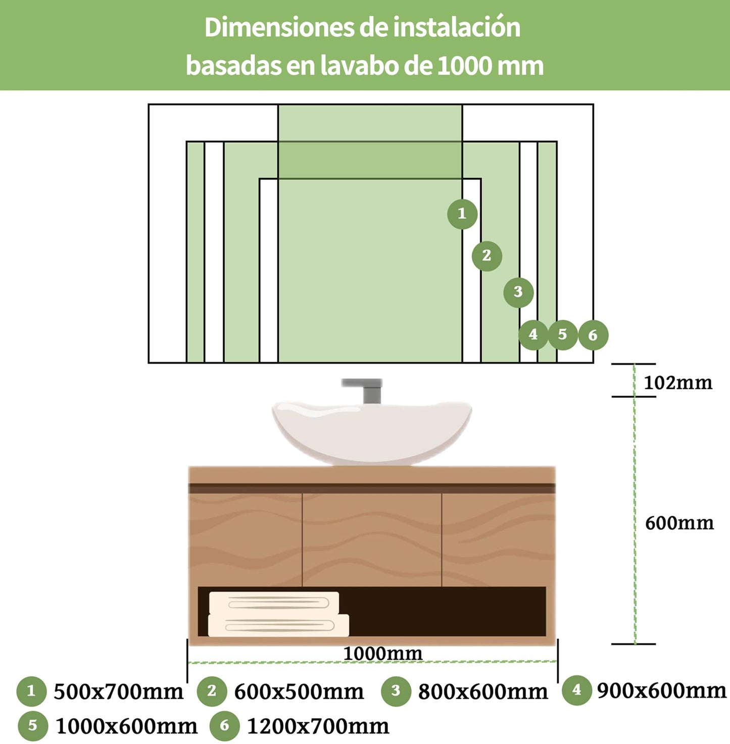 Espejo de baño LED con botón táctil y orentación vertical u horizontal