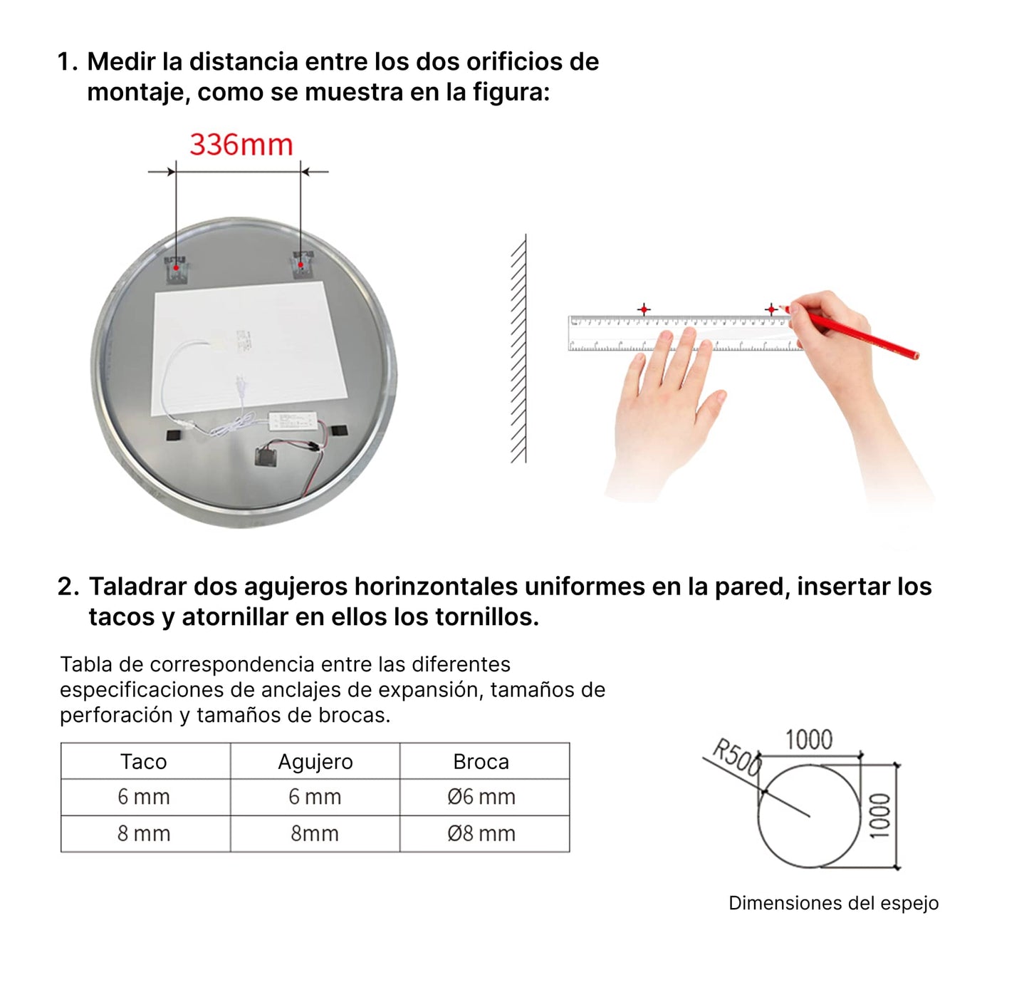 Espejo de baño circular antivaho con luz LED regulable