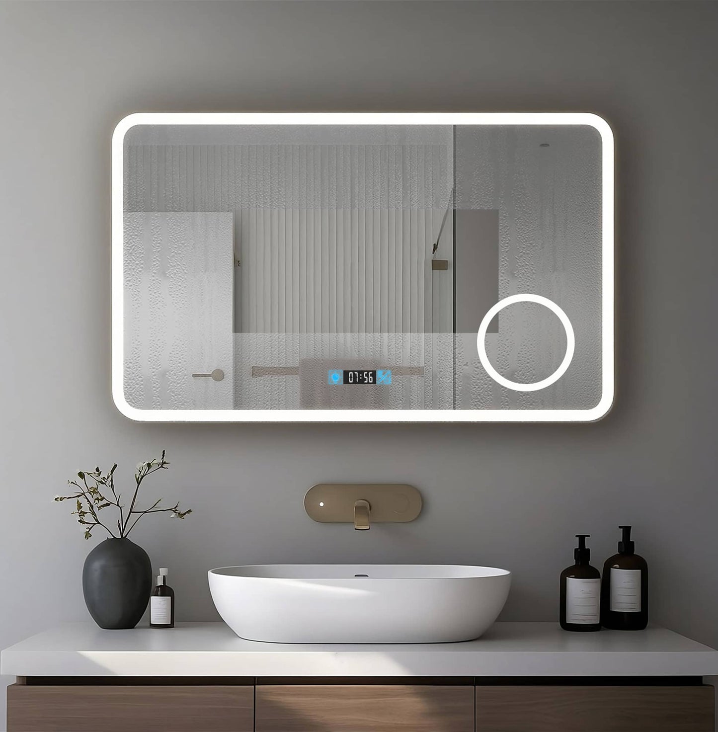 Espejo de baño LED con reloj digital y luz regulable