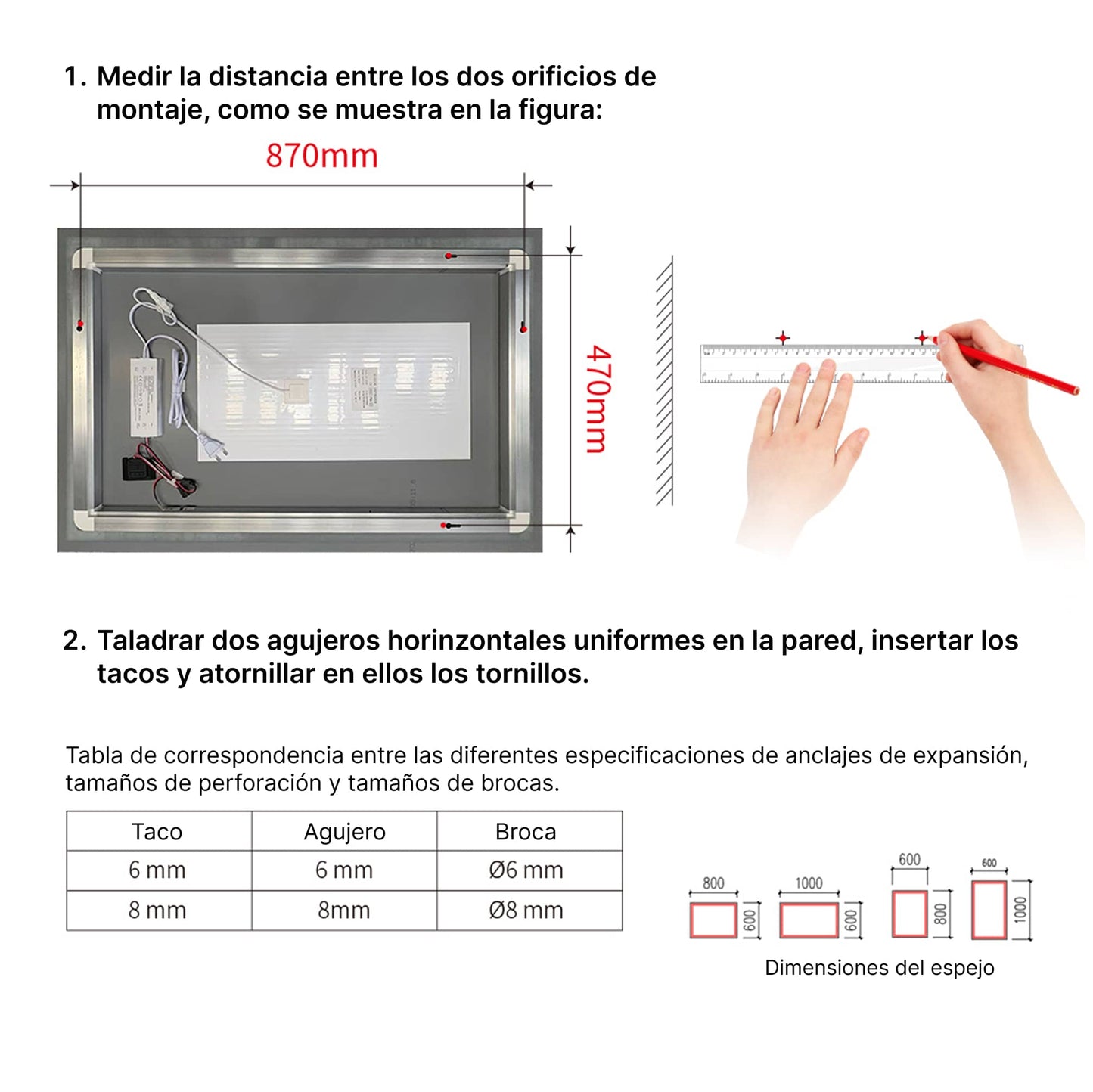 Espejo de baño antivaho con luz LED en 3 tonos y brillo regulable