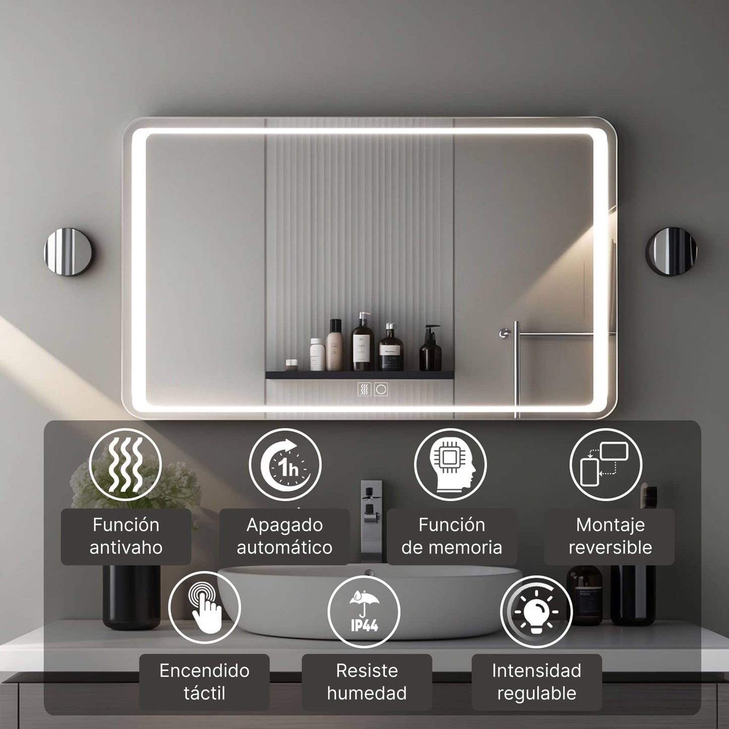 Espejo de baño antivaho con luz fría 6000K y brillo regulable