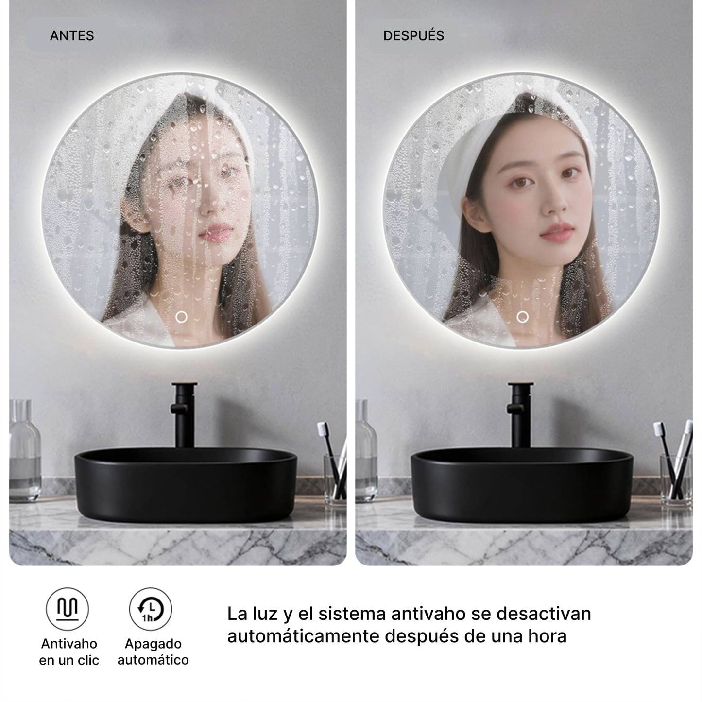 Espejo de baño circular antivaho con luz LED regulable