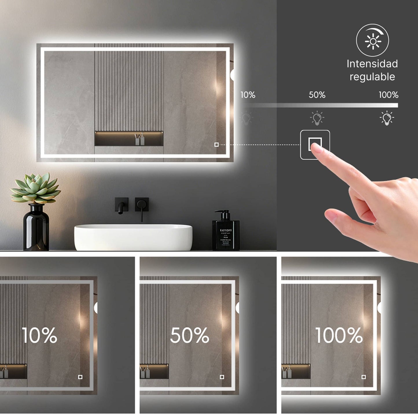 Espejo de baño antivaho con luz LED en 3 tonos y brillo regulable