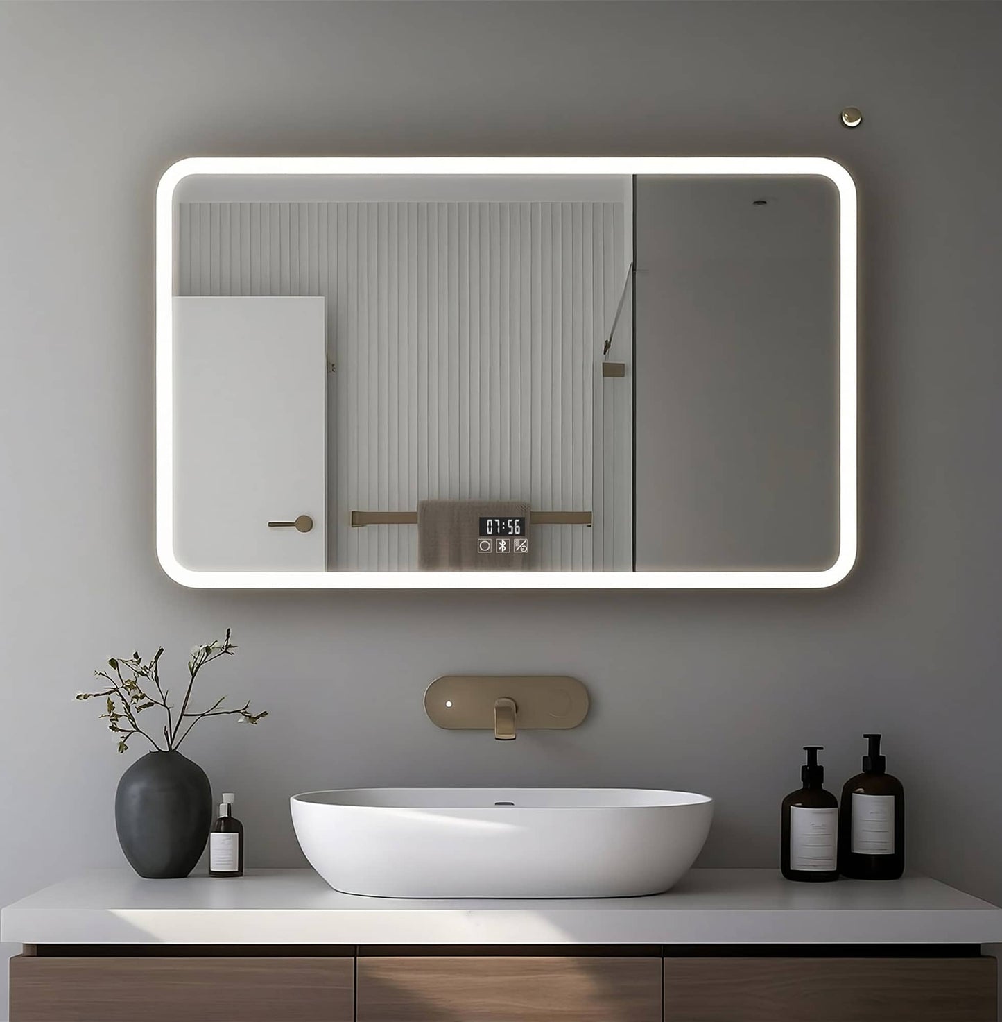 Espejo de baño con luz LED con brillo ajustable y altavoces Bluetooth integrados