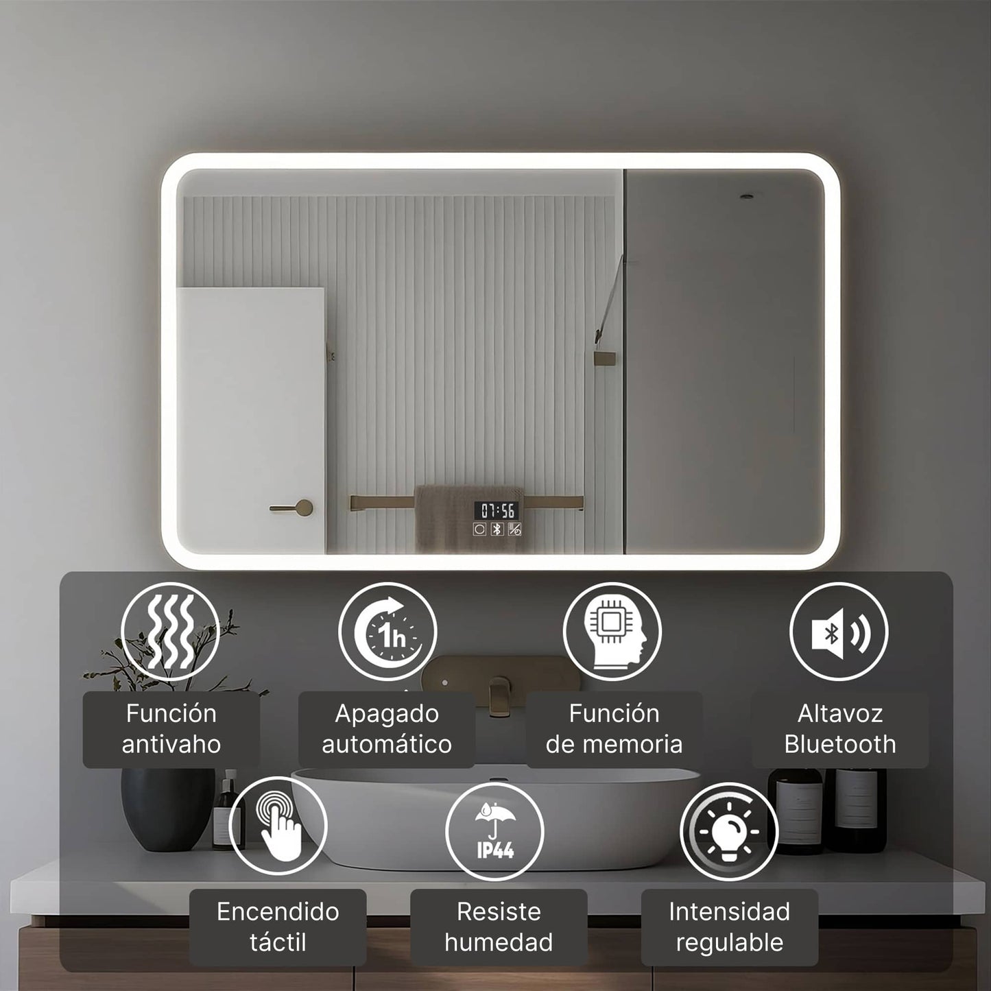 Espejo de baño con luz LED con brillo ajustable y altavoces Bluetooth integrados