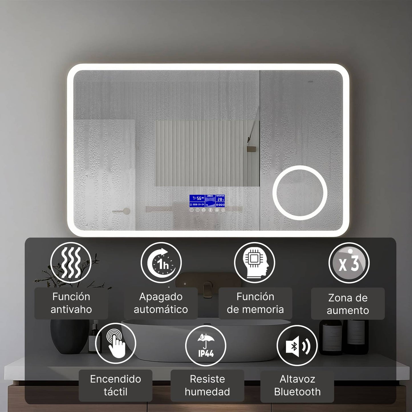Espejo de baño con luz LED, zona de aumento x3 y reloj digital