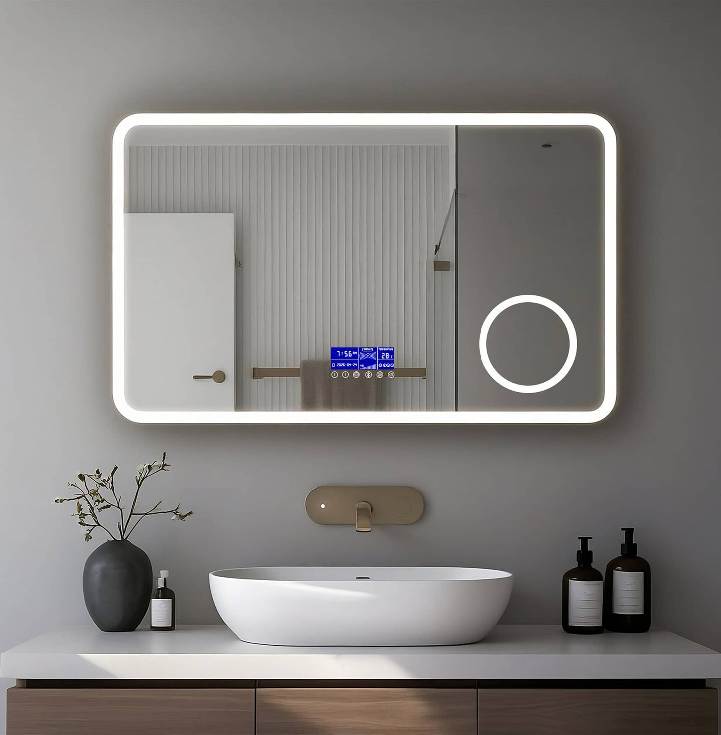 Espejo de baño con luz LED, zona de aumento x3 y reloj digital
