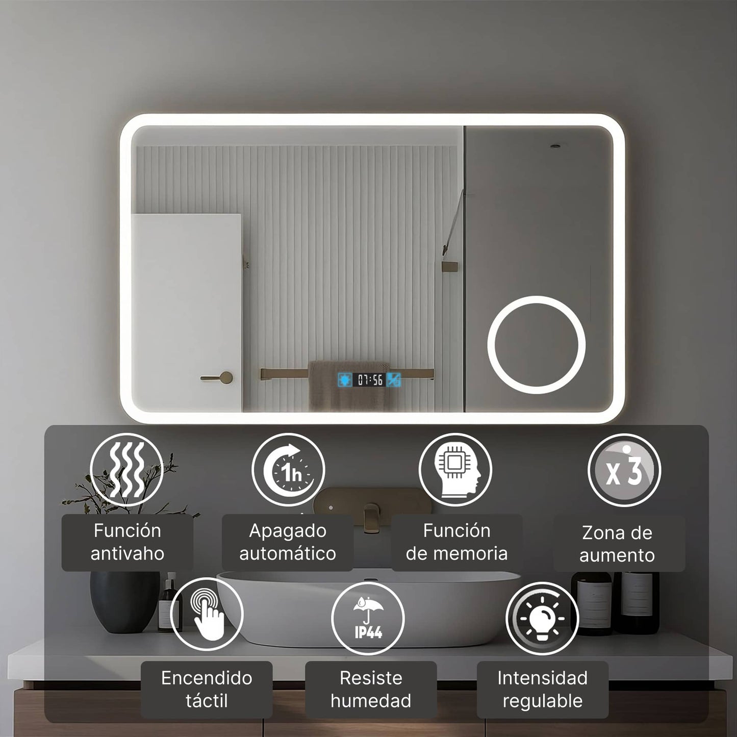 Espejo de baño LED con reloj digital y luz regulable