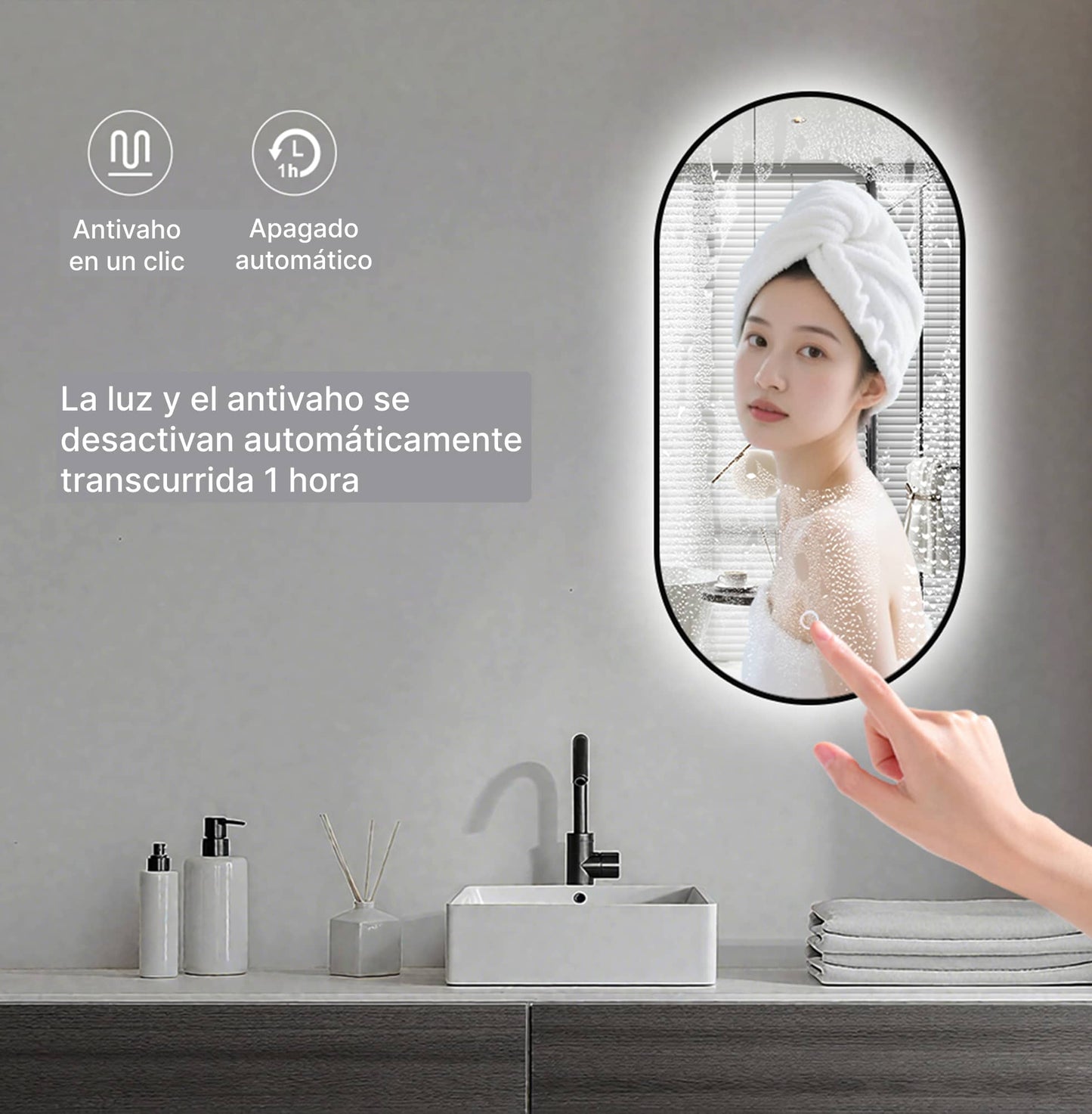 Espejo de baño ovalado con iluminación ambiental LED regulable