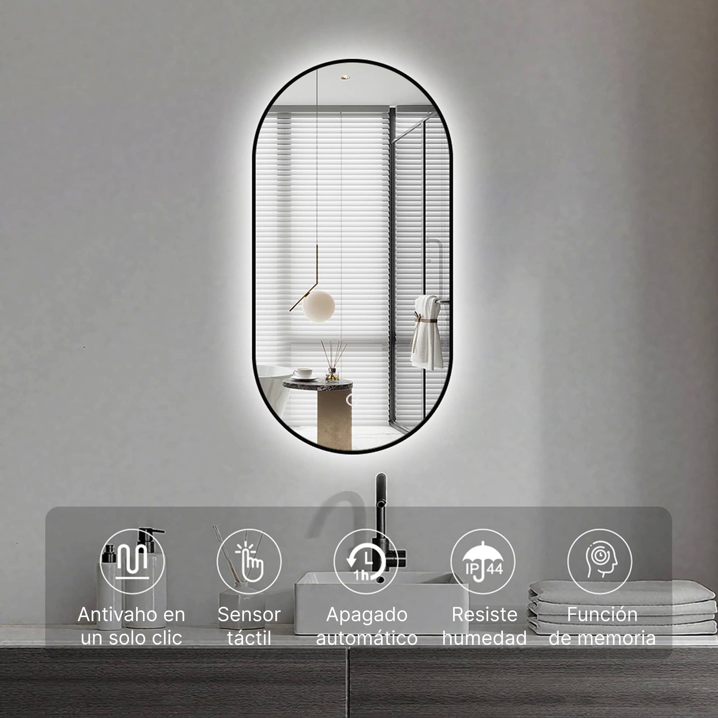Espejo de baño ovalado con iluminación ambiental LED regulable