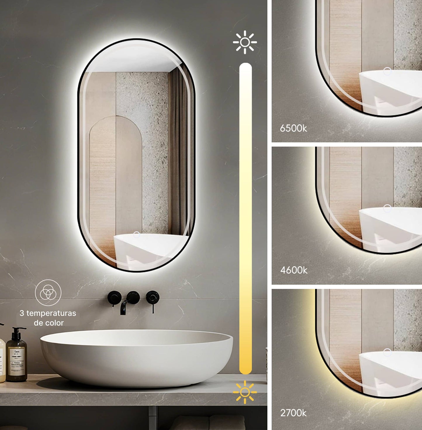 Espejo de baño ovalado con luz regulable de cálida a fría 2700K - 6000K