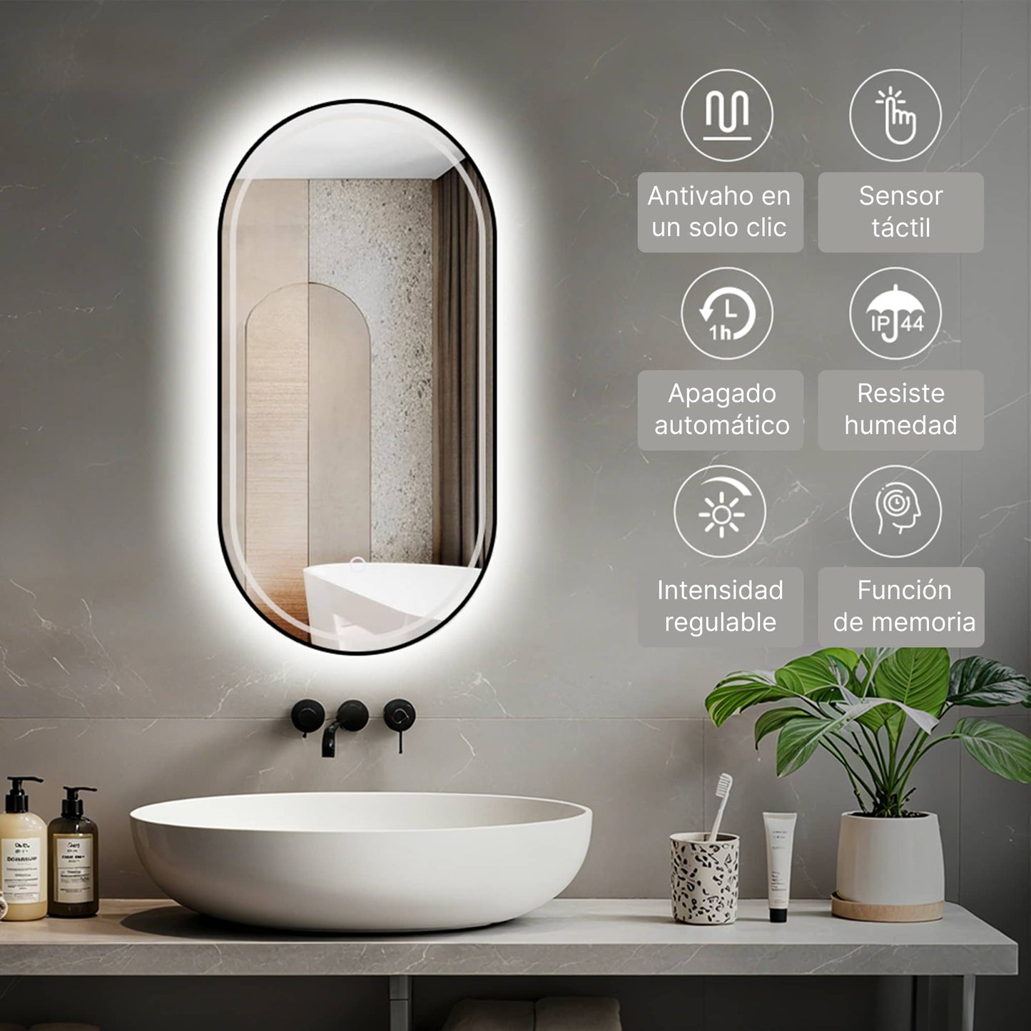 Espejo de baño ovalado con luz regulable de cálida a fría 2700K - 6000K