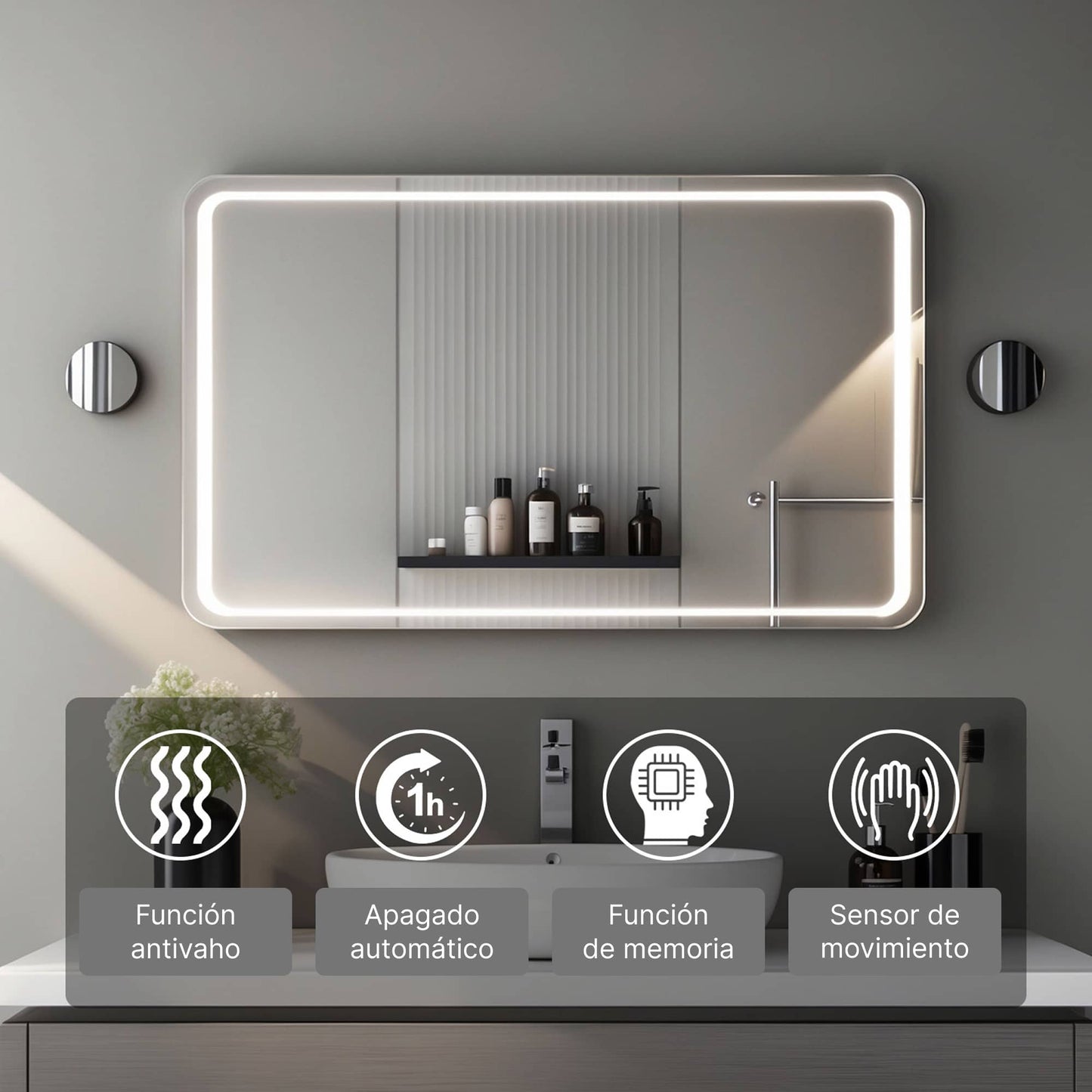 Espejo LED con sensor de movimiento - antivaho - instalación reversible