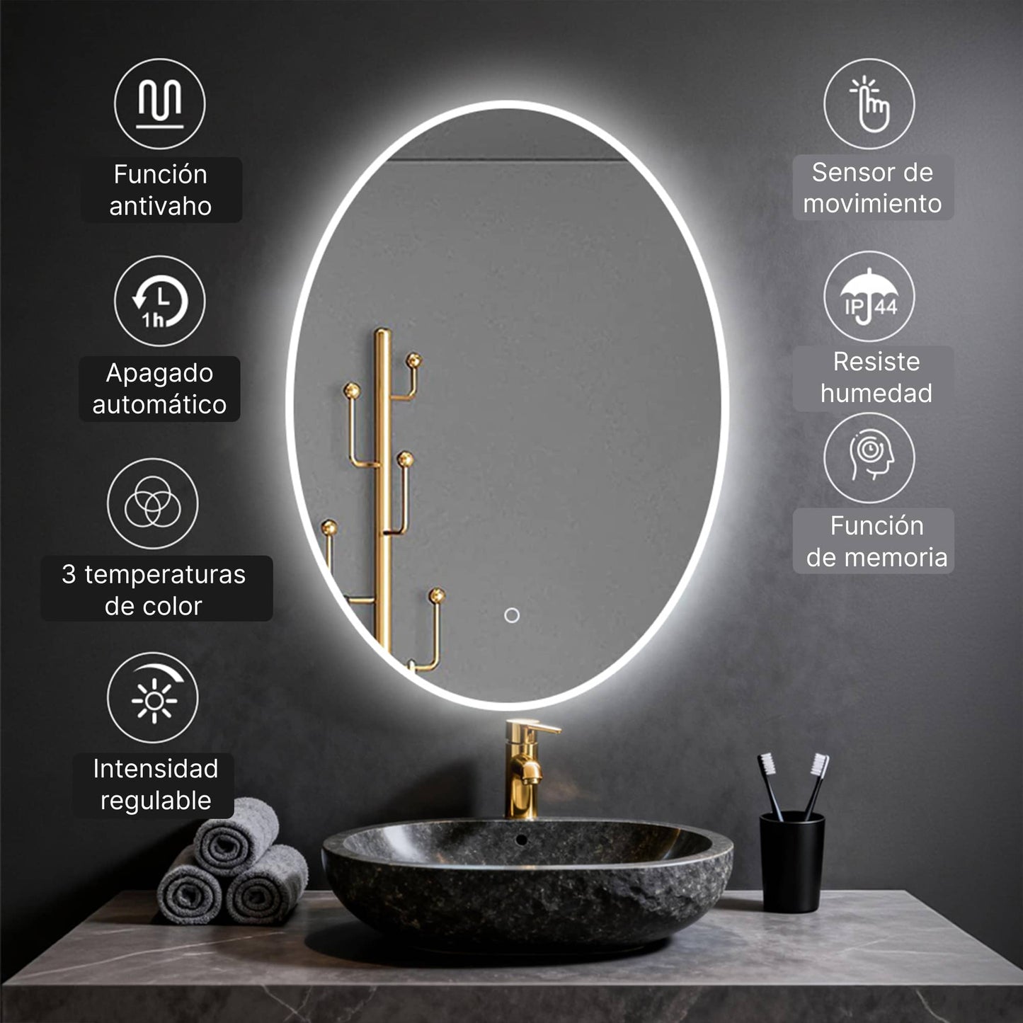 Espejo de baño ovalado con iluminación LED regulable