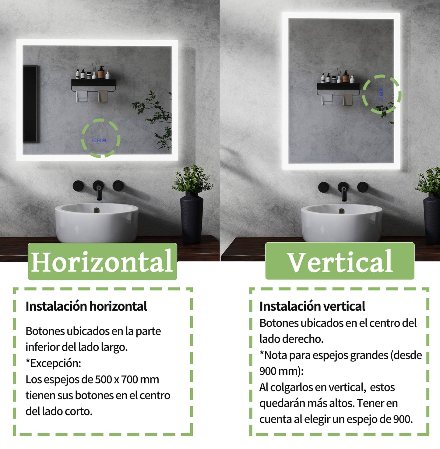 Espejo de baño LED con botón táctil y orentación vertical u horizontal