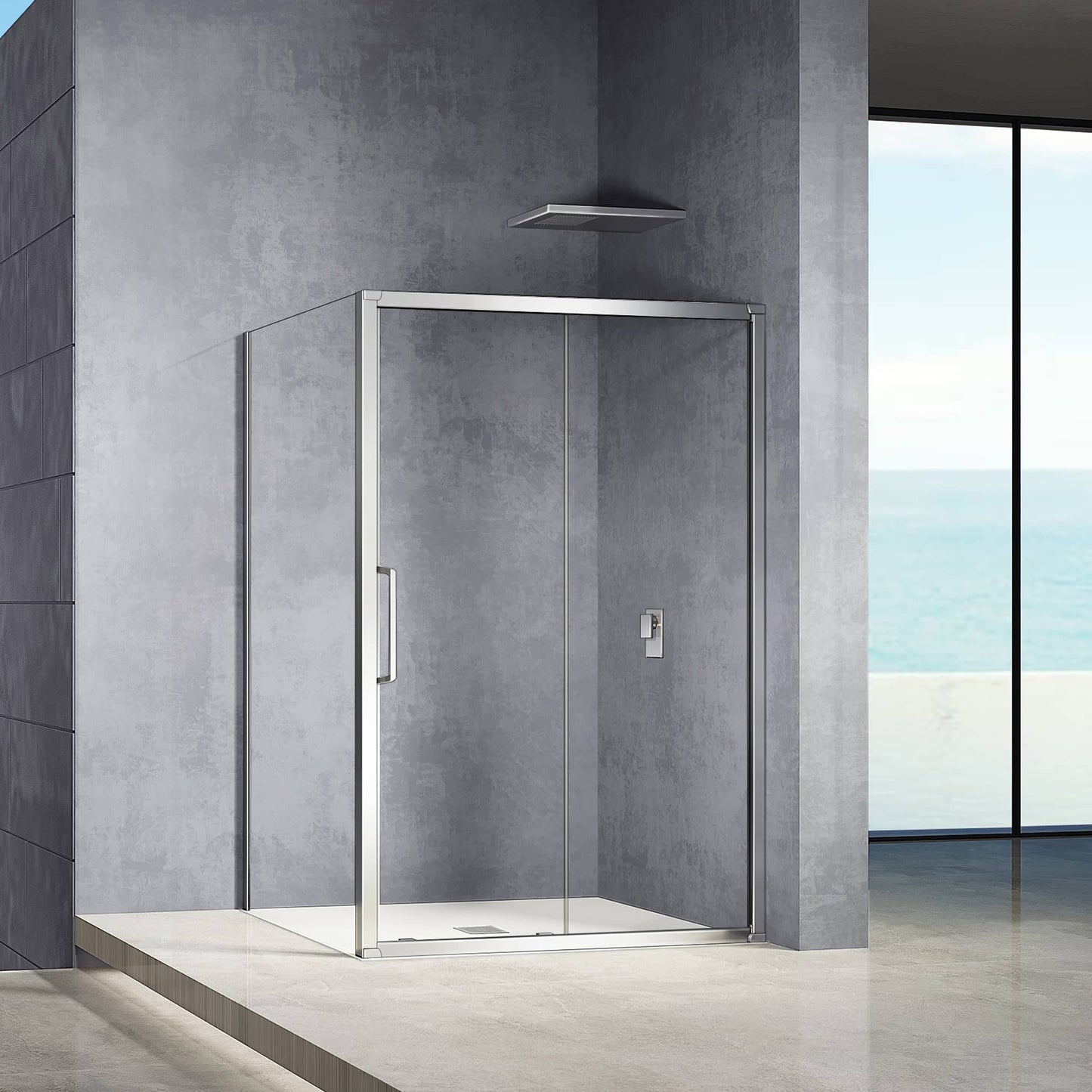 Mampara de ducha corredera de cristal antical de 6 mm con puerta y panel fijo, de 185 cm de altura