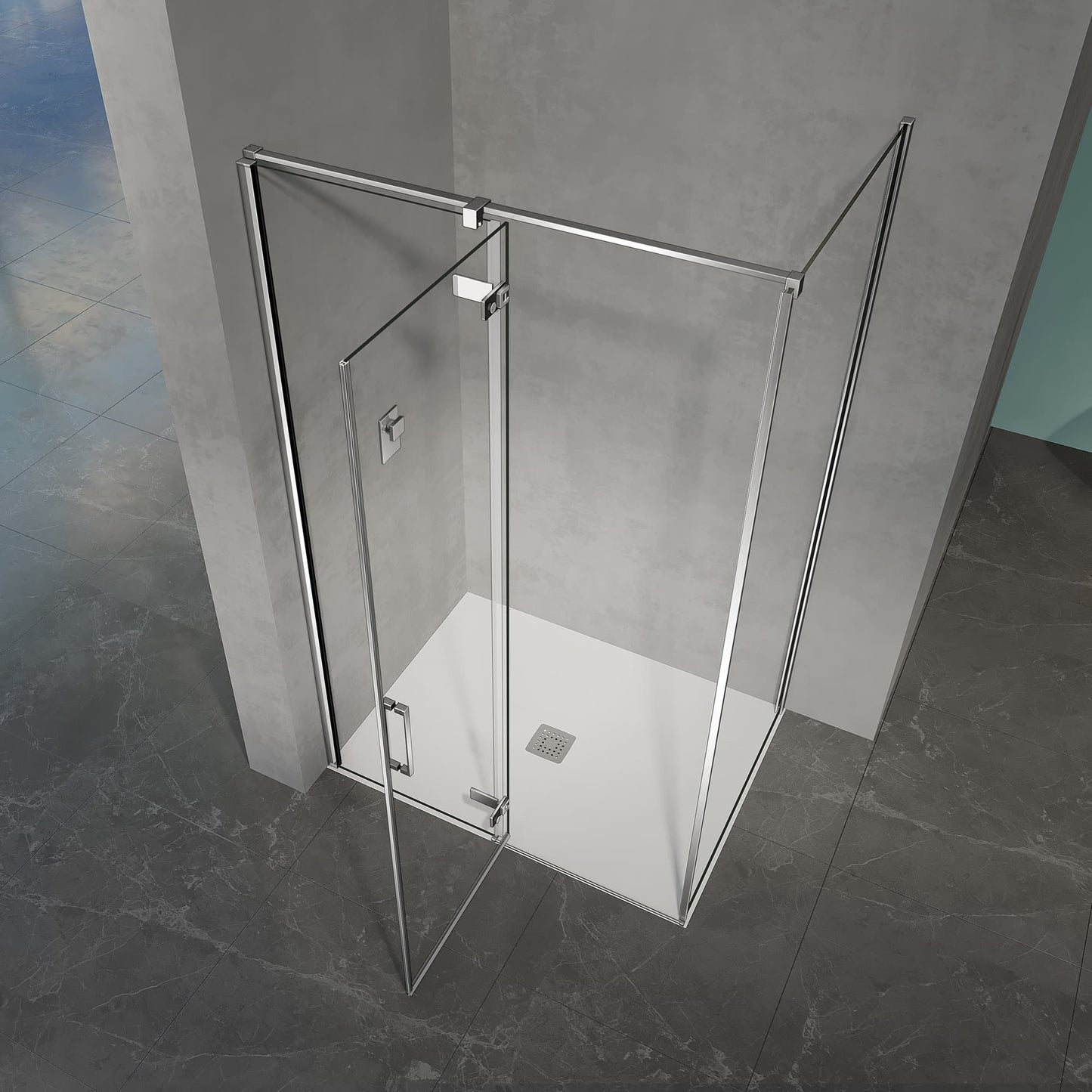 Mampara de ducha de cristal templado transparente de 8 mm con revestimiento antical, puerta pivotante y panel lateral fijo