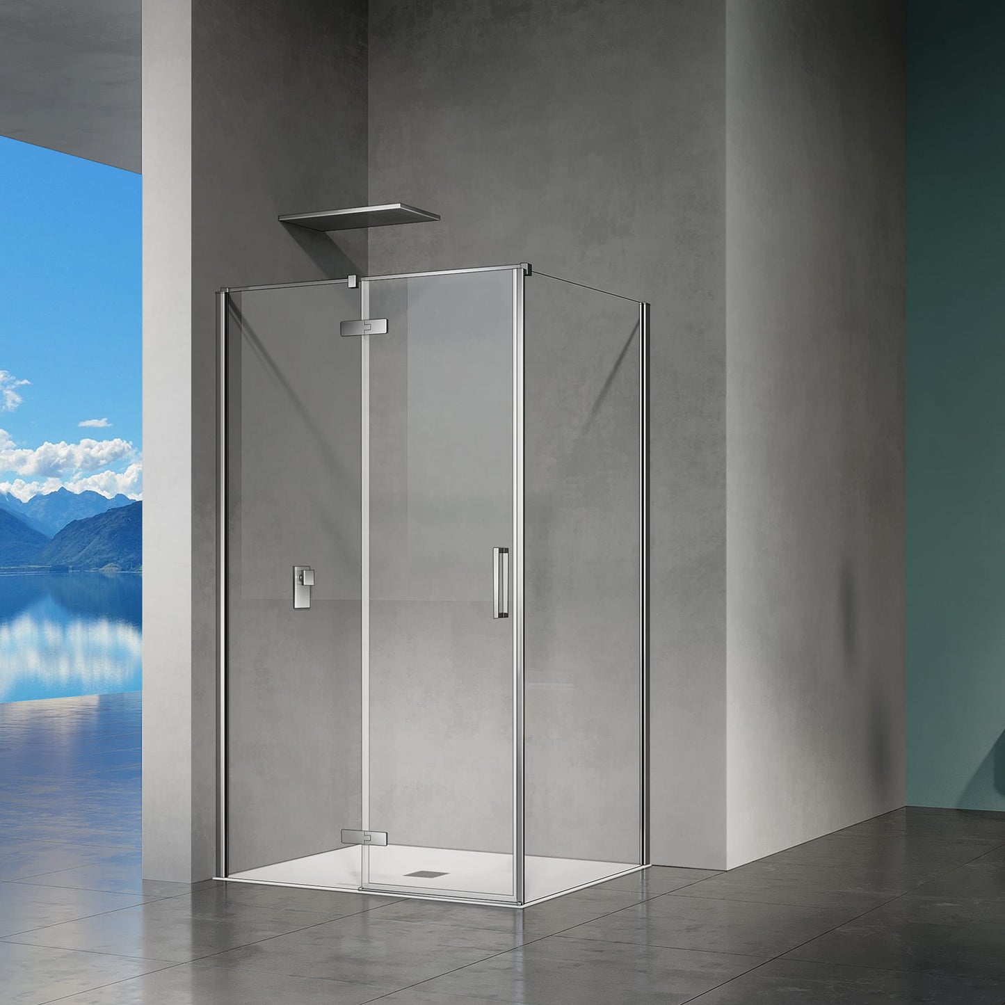 Mampara de ducha de cristal templado transparente de 8 mm con revestimiento antical, puerta pivotante y panel lateral fijo