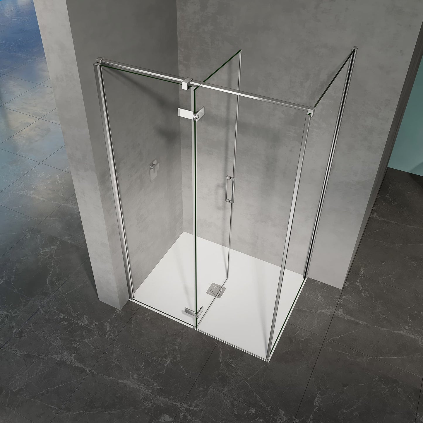 Mampara de ducha de cristal templado transparente de 8 mm con revestimiento antical, puerta pivotante y panel lateral fijo