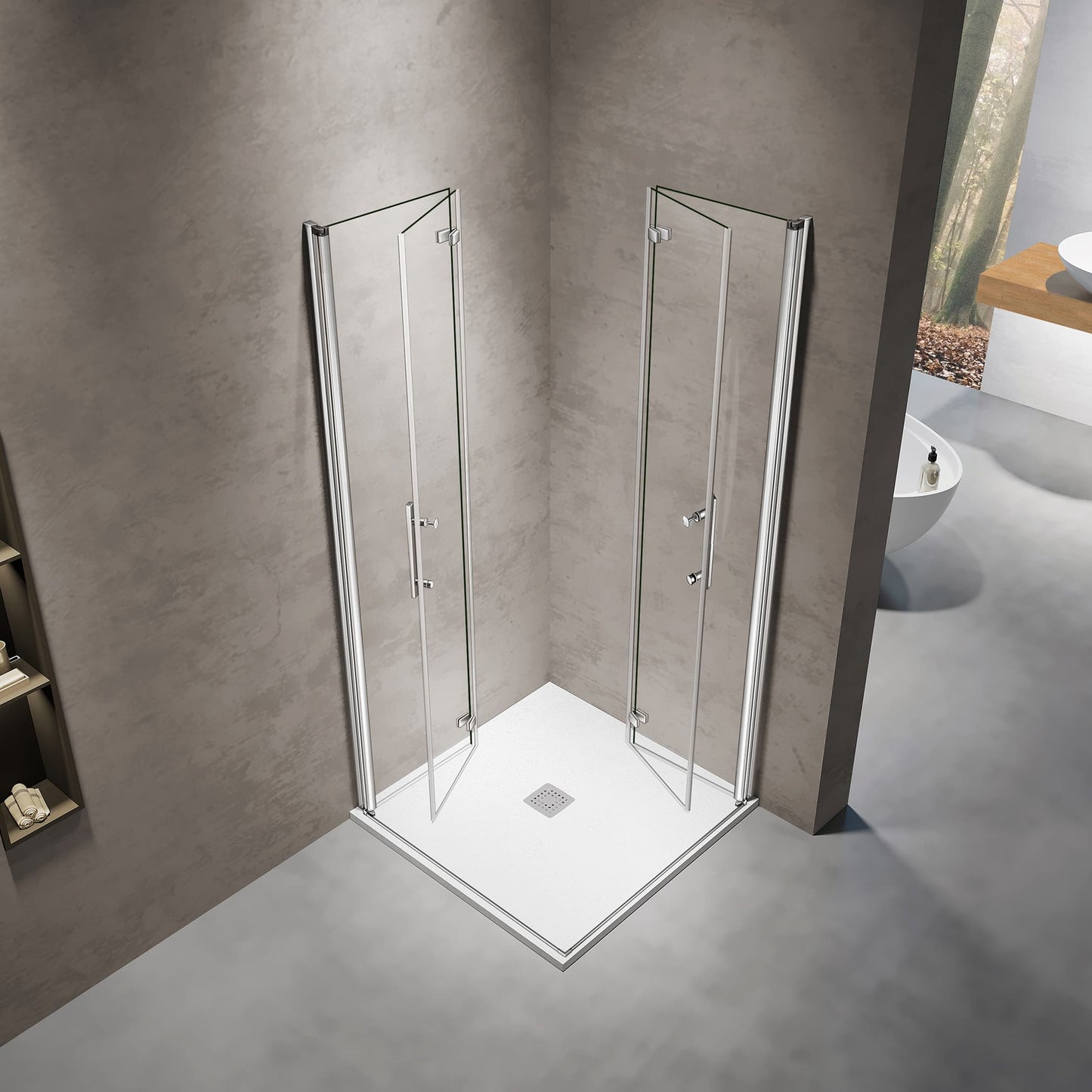 Mampara de ducha de cristal templado transparente de 6 mm con dos puertas pivotantes plegables, altura 195