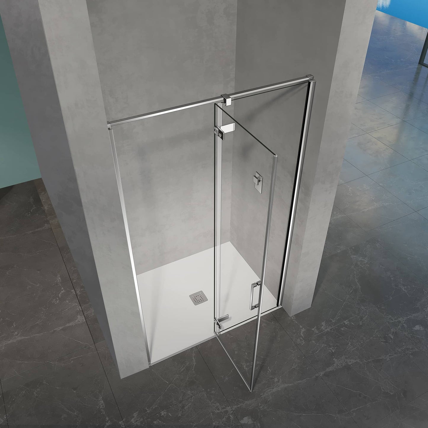 Puerta de ducha pivotante de cristal con bisagras y apertura hacia la izquierda