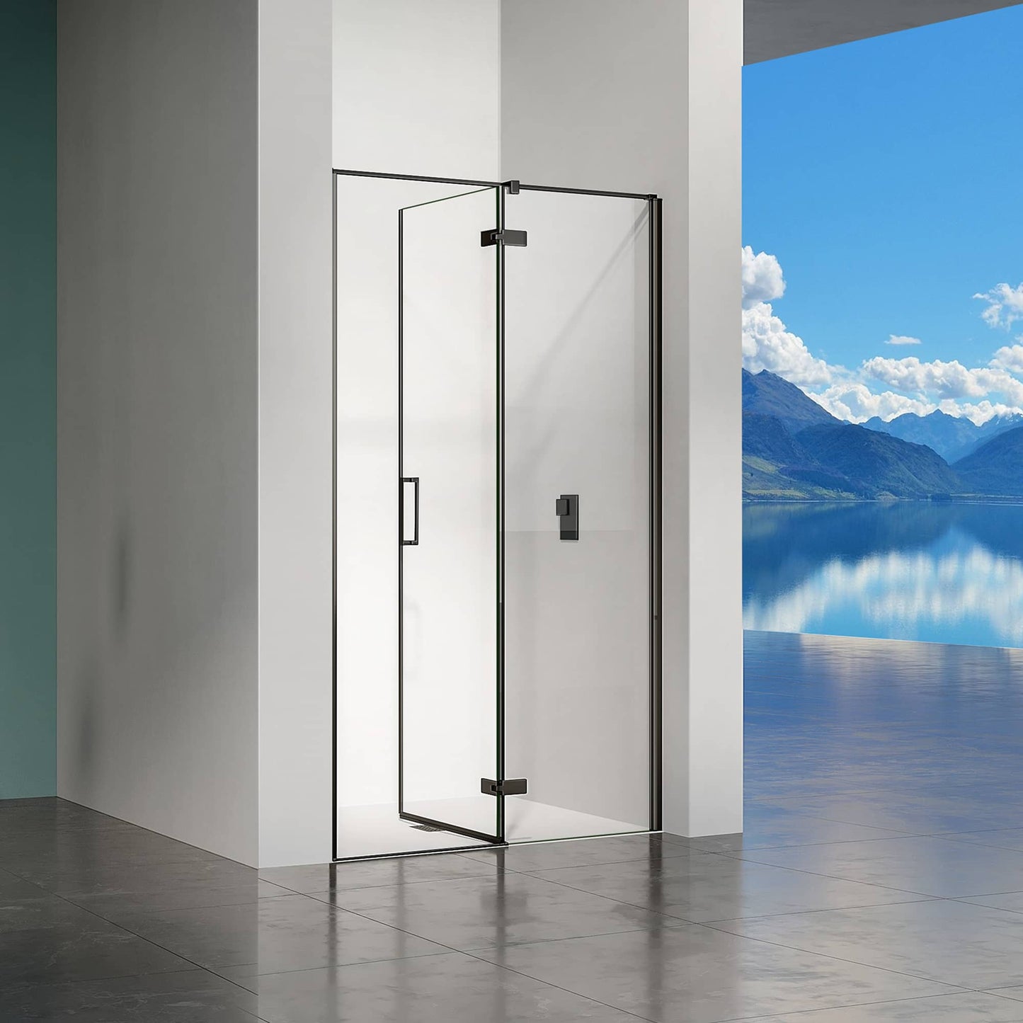 Puerta de ducha pivotante de cristal con bisagras y apertura hacia la izquierda