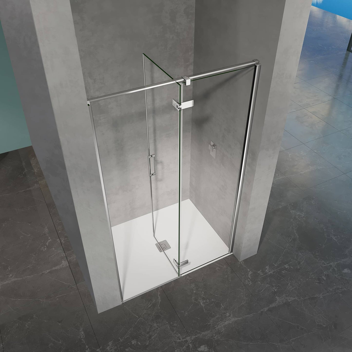 Puerta de ducha pivotante de cristal con bisagras y apertura hacia la izquierda