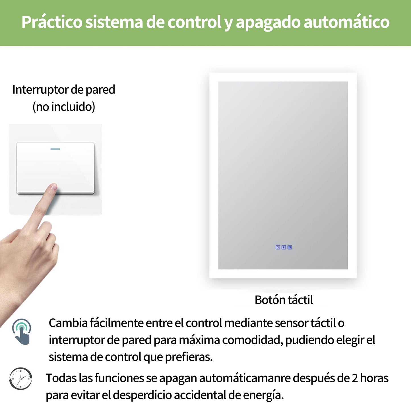 Espejo de baño LED con botón táctil y orentación vertical u horizontal