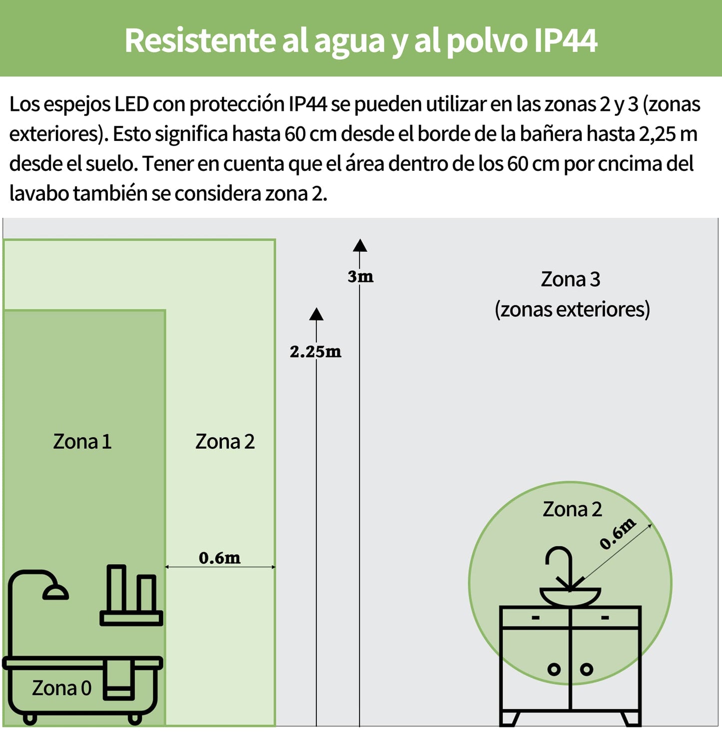 Espejo de baño LED con botón táctil y orentación vertical u horizontal